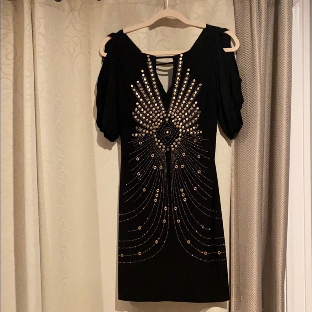 Black studded cold shoulder  mini dress as 4